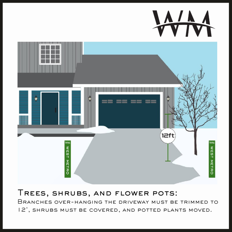 Overhanging branches trimmed to 12 feet, shrubs covered, and potted plants moved