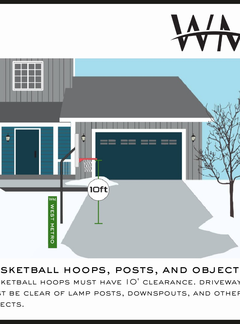 Basketball hoops, lamp posts, and objects cleared with 10 feet of driveway clearance