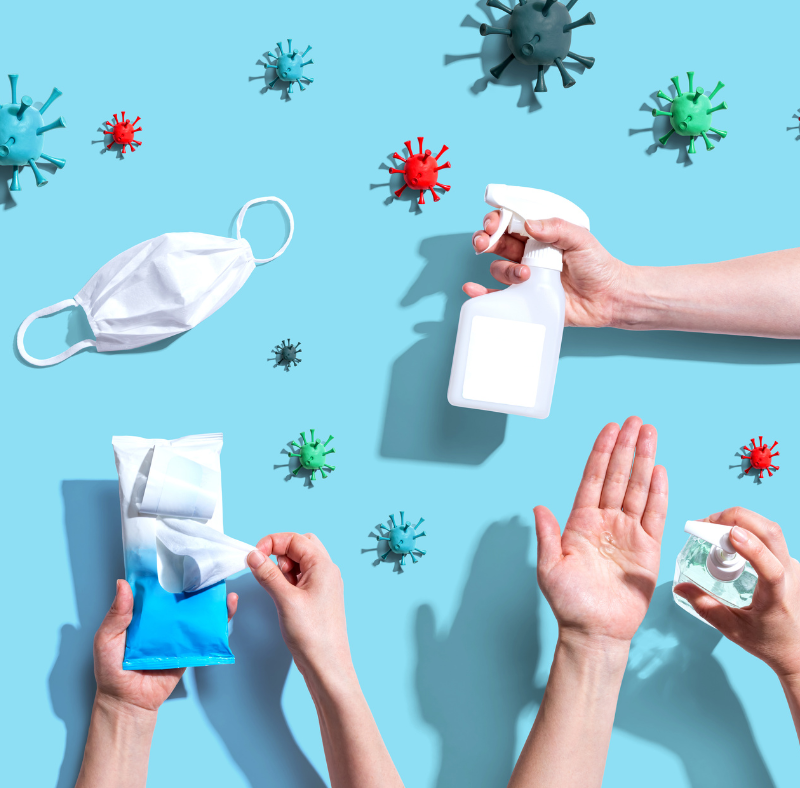 Everyday household products like sanitizer, wipes, and cleaners