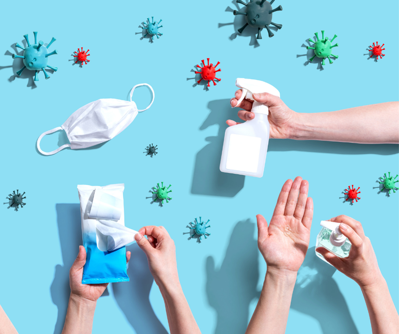 Everyday household products like sanitizer, wipes, and cleaners